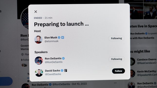 Screenshot of Twitter Spaces . room "prepare to launch" with Elon Musk, Ron DeSantis and PayPal co-founder David Sacks